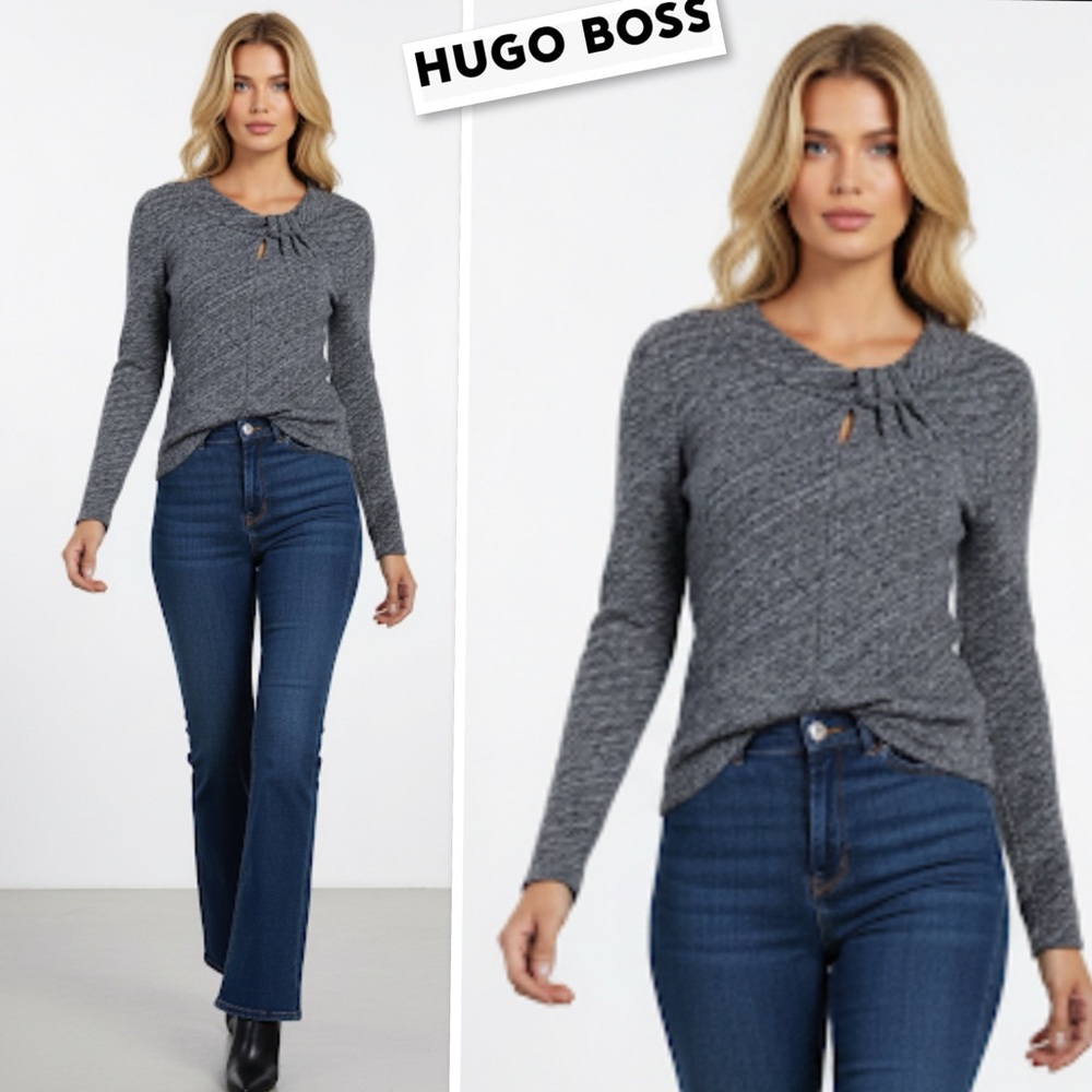 BOSS Hugo Boss Wool Cotton Blend Deigonal Print Long Sleeve Sweater Gray Size S